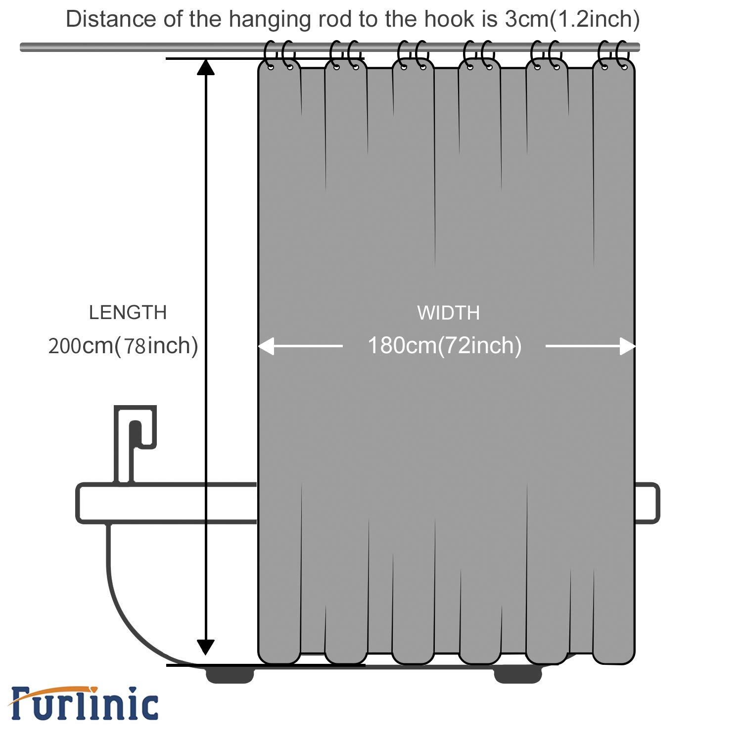 Furlinic Rideau de Douche Noir Tissu 180x200 cm Anti Moisissure Lavable Motif à Gaufre Imperméable avec 12 Anneaux Rideau Douche Camping Exterieure