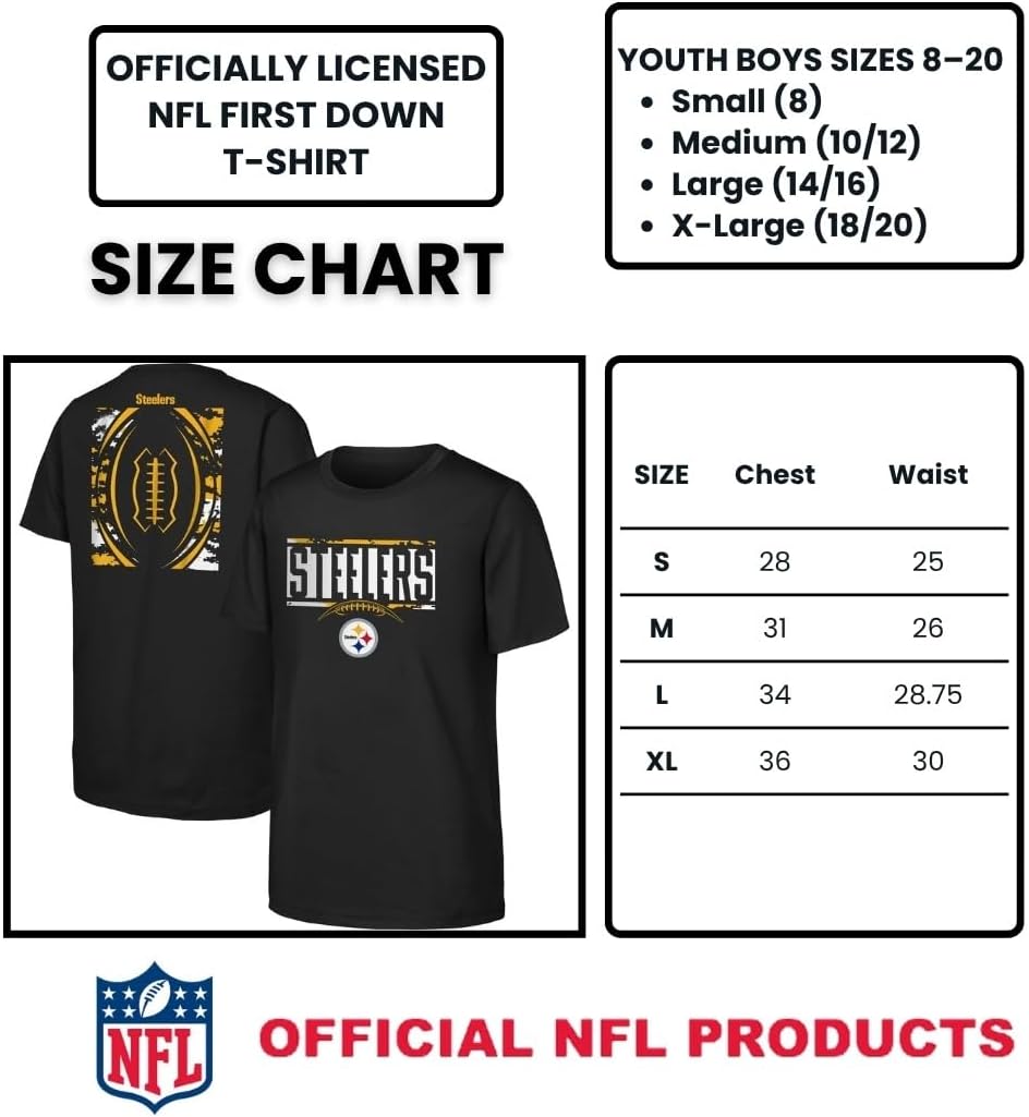 NFL Officially Licensed Kids Youth Boy 8-20 First Down Team Color Primary Logo Short Sleeve Football T-Shirt