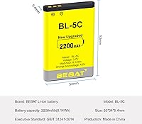 Vista 5 de (2 Piezas) Batería BL-5C, 3.7V 2200mAh Batería Recargable BL-5C Adecuada para Radio Doméstica, Nokia con Protección de Corriente