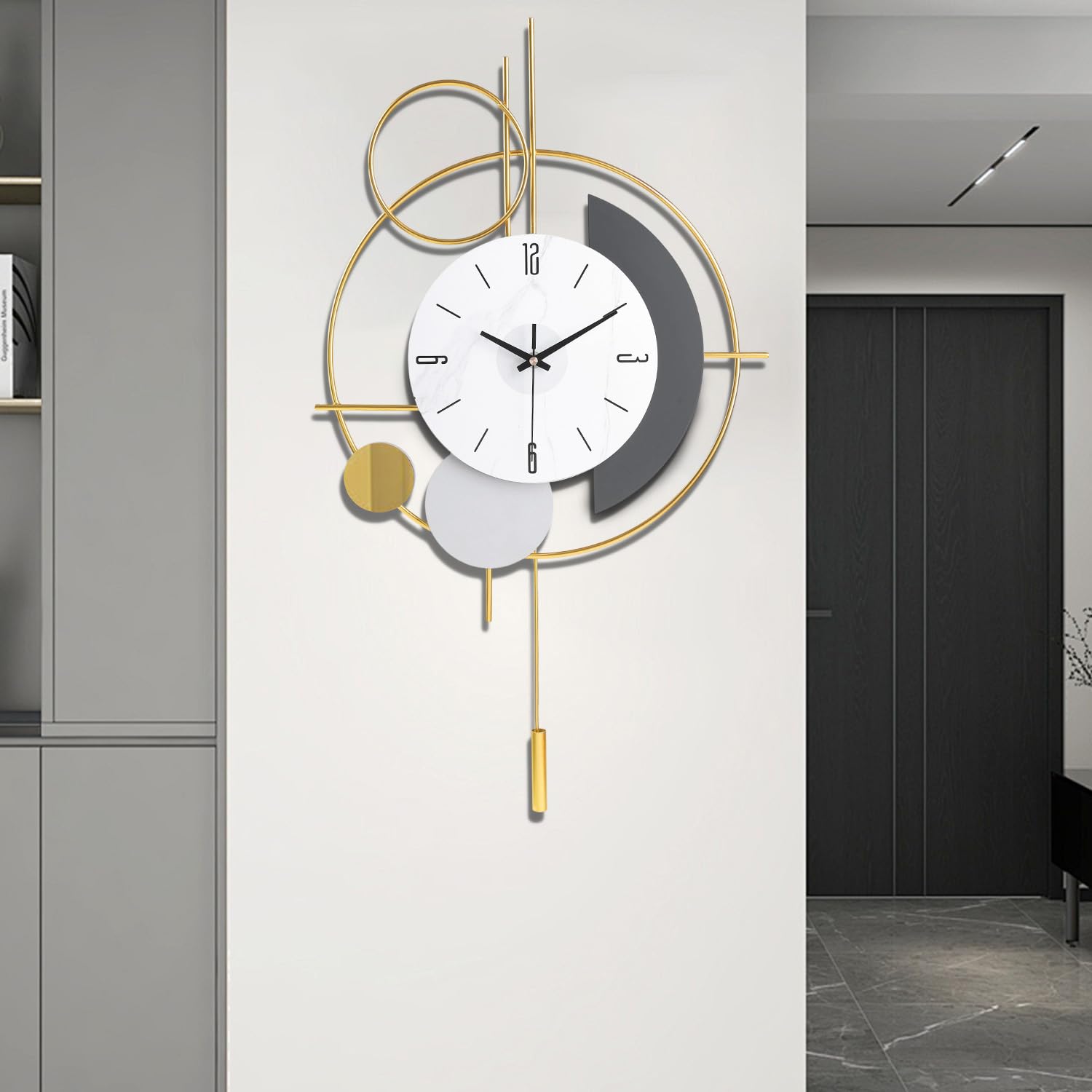 Wall Clock with Pendulum,Silent Quality Quartz Battery Operated,Large Wall Clock for Living Room Kitchen Home Bathroom Bedroom Wall Decor,15.4x25.4inch(Golden)