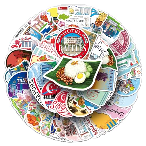 Singapour Lot de 50 autocollants de voyage en vinyle pour bouteilles d'eau, ordinateurs portables, tasses, bagages, cahiers, guitare, scooters, agendas de voyage, skateboards, motifs amusants pour