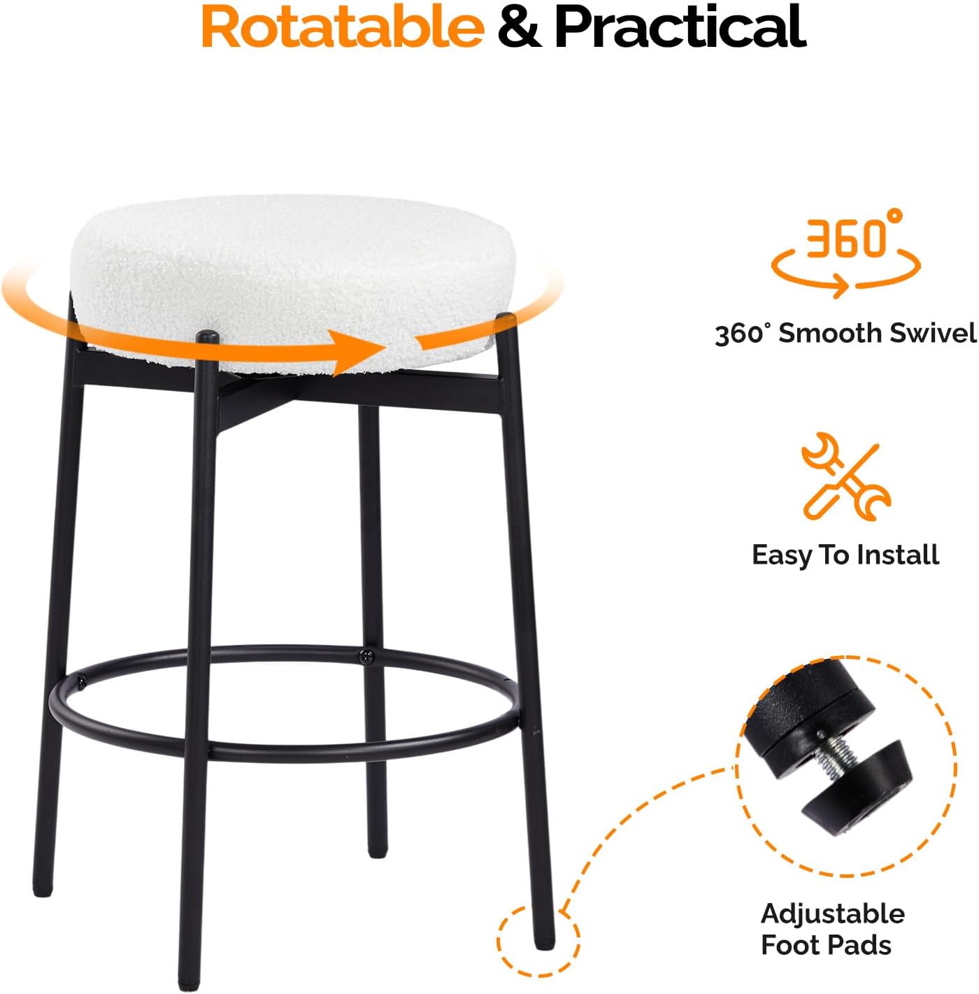 VINGLI Swivel Round Barstools 24" H Set of 4, Teddy Wool Upholstered Barstool, Sherpa Backless Kitchen Island Stool, Counter Height Stools, White
