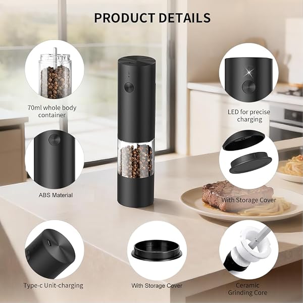 AXFEE Electric Salt and Pepper Mill, USB Rechargeable, Salt and Pepper Grinder, Automatic, Adjustable Roughness, with Sliding Dust Cover, Perfect for Kitchen - 2