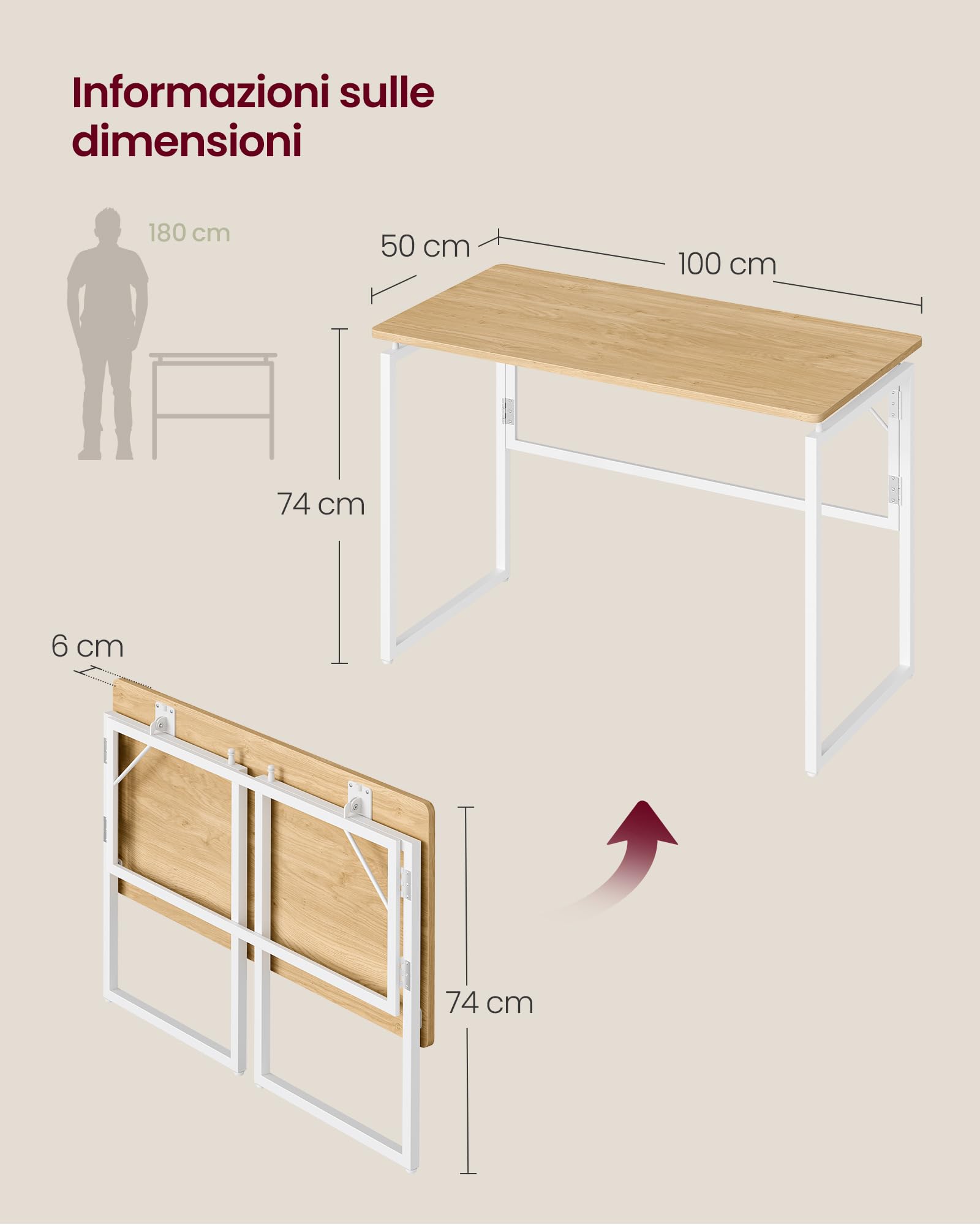 VASAGLE Scrivania per Computer Pieghevole, Piano in Unico Pezzo, Angoli Arrotondati, Tavolo da Ufficio, Camera da Letto Balcone Campeggio, Facile da Montare, 100 x 50 cm, Rovere Naturale LWD152YD01