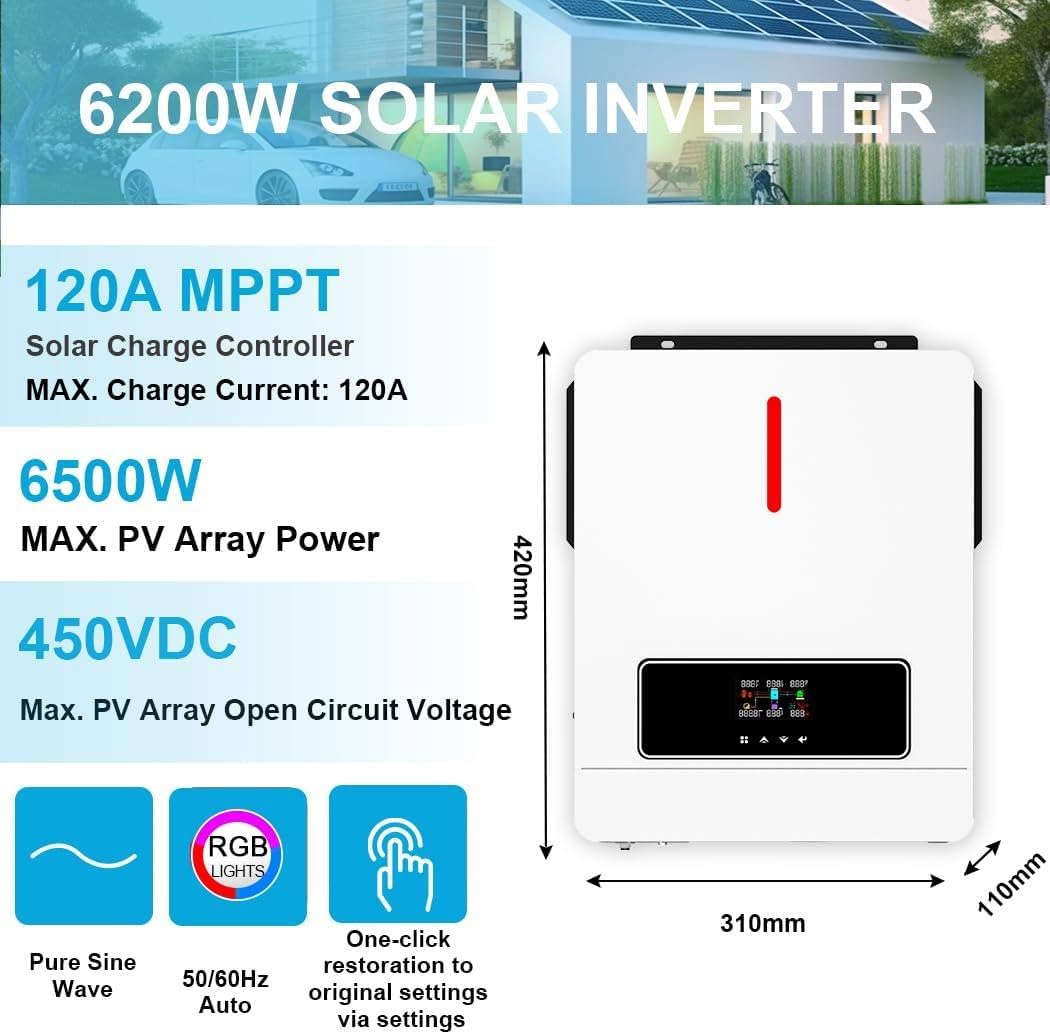 Dimensions and key features of the LYAYYDS 6.2KW Hybrid Solar Inverter