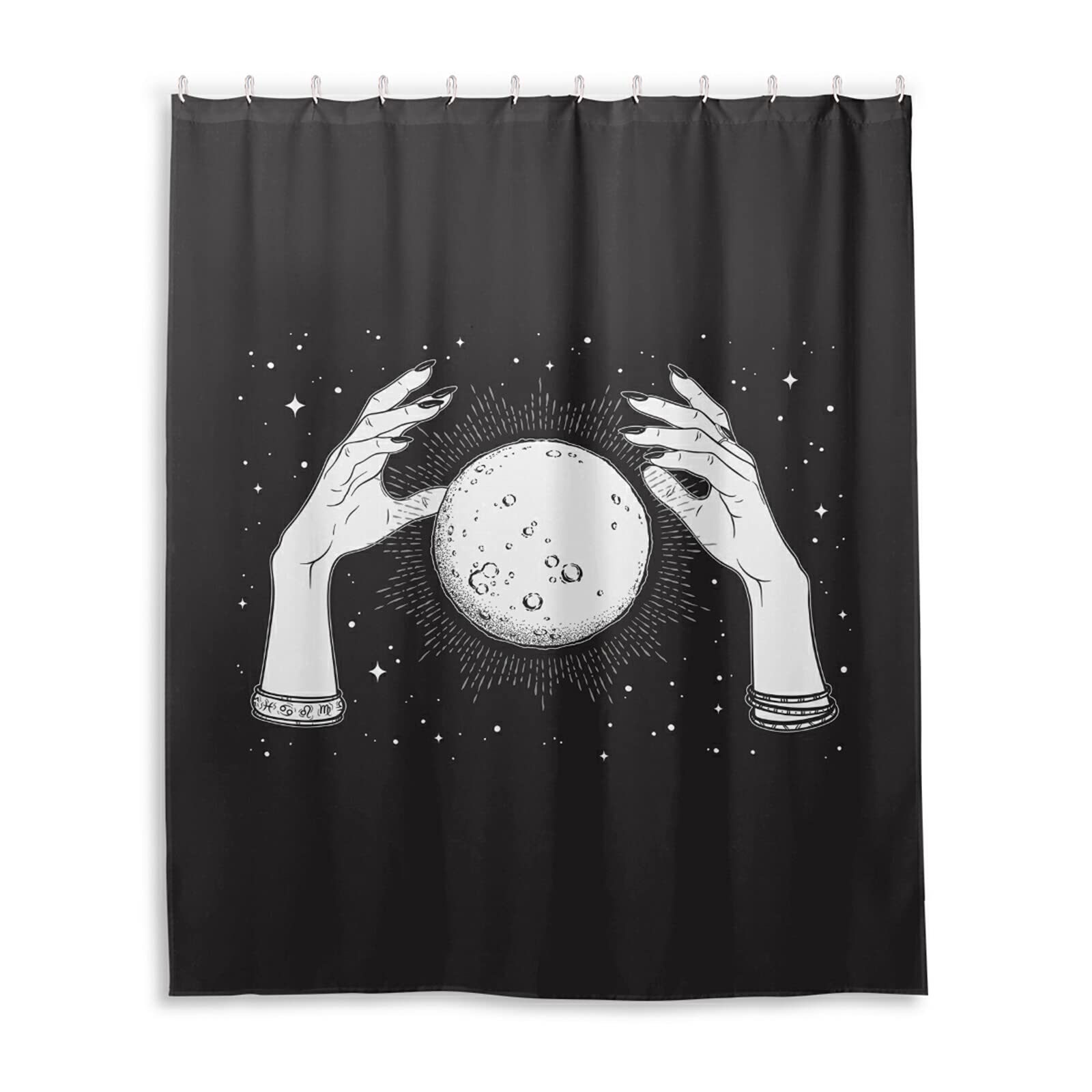 Black White Full Moon with Rays in The Hands of Fortune Teller Waterproof Shower Curtain, Machine Washable Polyester Cloth with 12 Hooks, No Smell Bath Tub Stall Curtain Liner 48"(W) x72(H)