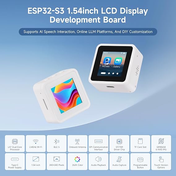 Waveshare ESP32-S3-Touch-LCD-1.54, ESP32-S3 1.54inch LCD Display Development Board, 240 x 240 Resolution, 262K Color, Supports Dual Microphones, 2.4GHz Wi-Fi And BLE 5