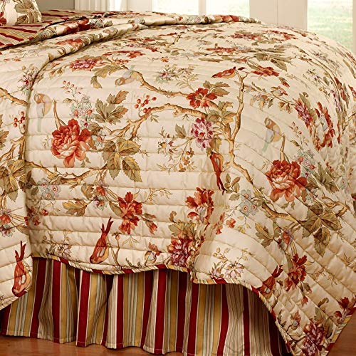 Image of Waverly Charleston Chirp 3 Piece Quilt Set - 100% Cotton Light Weight Bedding with Bed Skirt & Pillow Shams - Twin Papaya