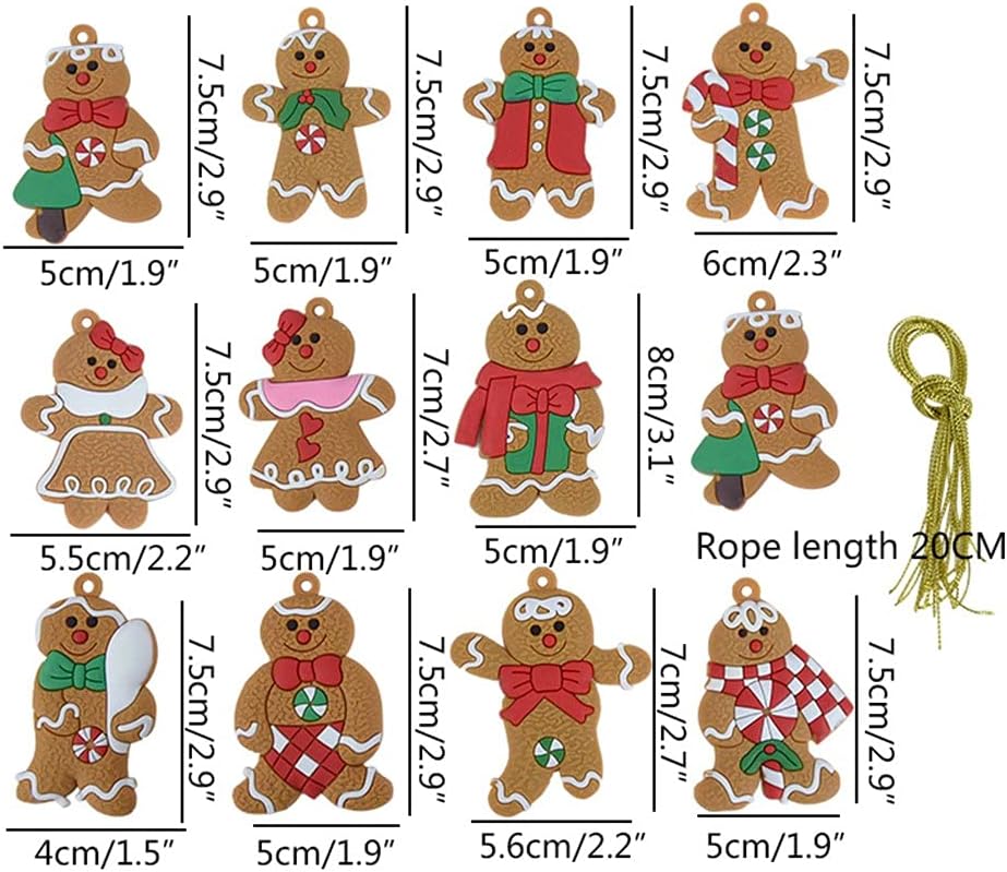 12pcs Gingerbread Man Christmas Tree Ornaments Xmas Home Party Living Room Hanging Decoration Soft PVC Drop Pendant (Color : B Size Shows)