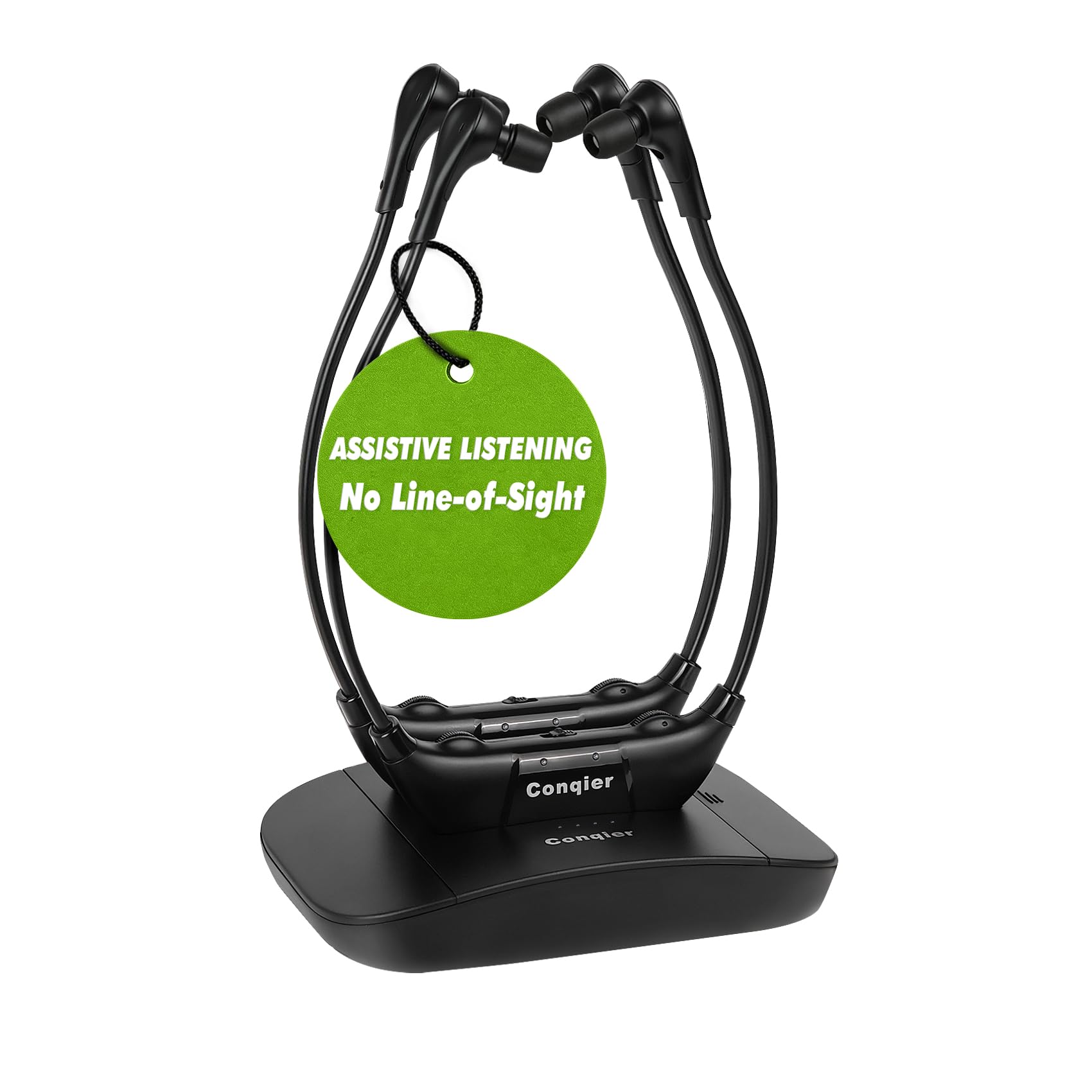 Conqier Dual Wireless Headphones for TV Watching for Seniors, 2 Headsets & 2.4GHz Transmitter, 164FT Range No Delay, Voice Enhancer & Ambient Sound, L