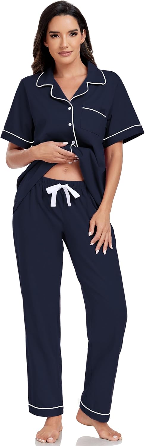 EA'S SECRET Womens 100% Cotton Pajama Sets Short Sleeve Shirt and Pajama Pants Soft Sleepwear Button Down Pjs for Women - Image 2