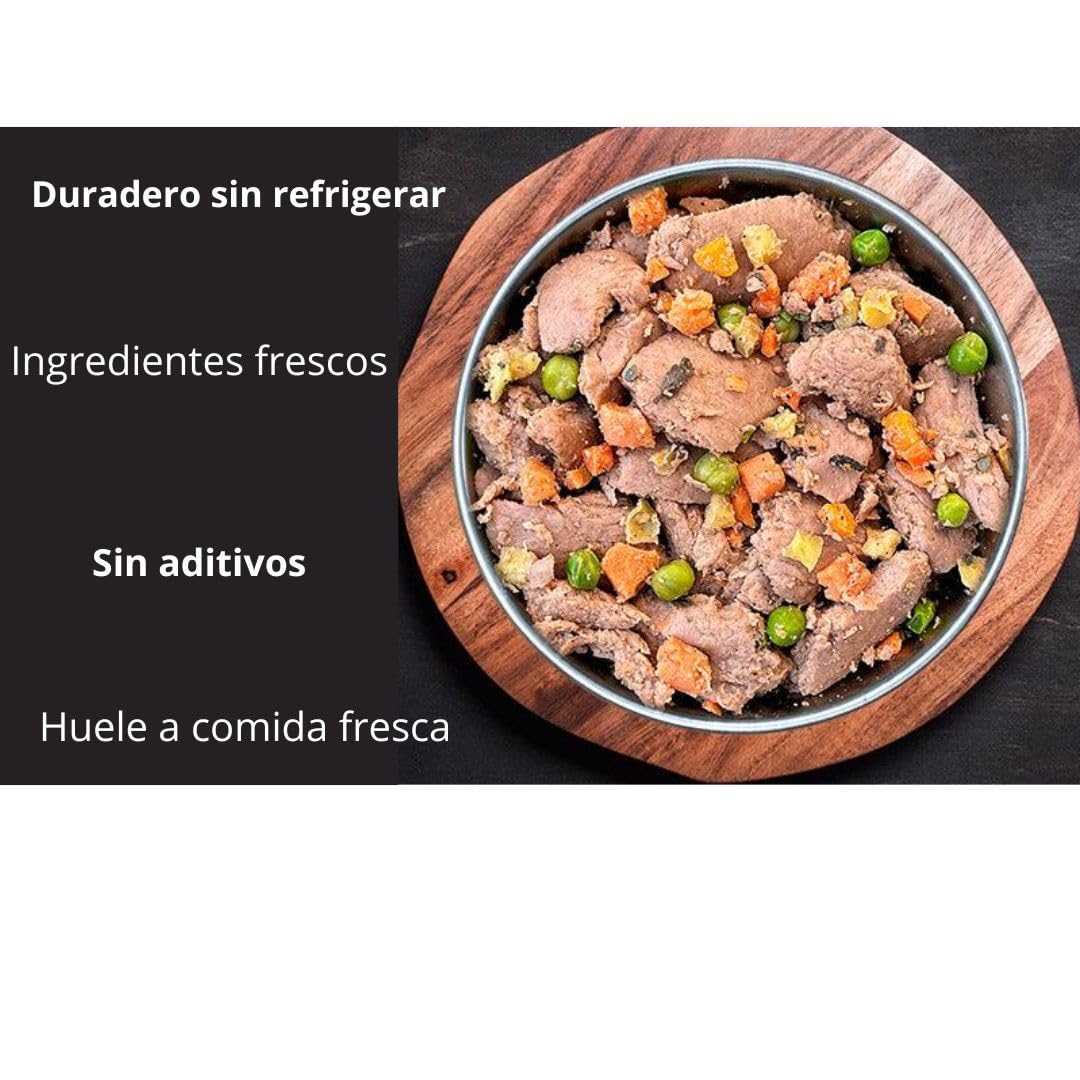 Cocinada Cocinada para Perros de 70% Carne de Vacuno, Batatas, Verduras Frescas, Fruta, minerales, Aceite de salmón, Romero, 6 Unidades x 400 gr - ANIMALUJOS