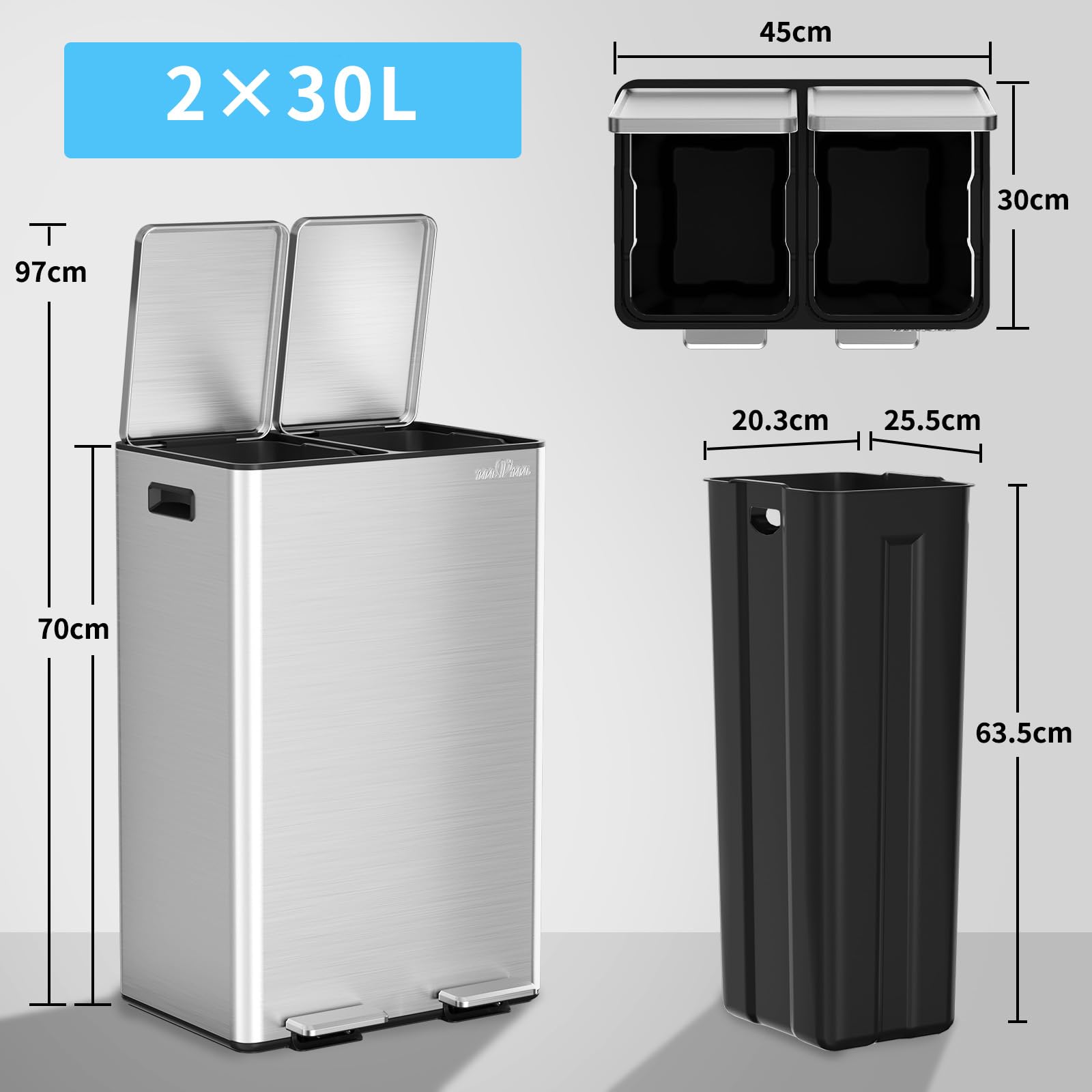 mVm Cubo de Basura para la Cocina, 2 Compartimentos 2 x 30L Cubo de Basura Cocina, Papelera Moderna y Robusta, Cierre Suave, para Cocina, Salón, Plata