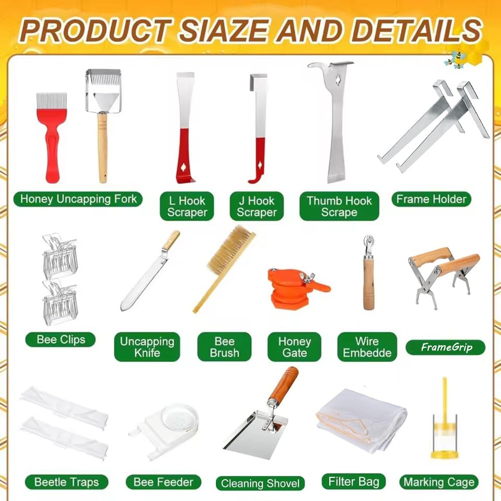 Kit Apicoltura Completo 22pcs con Affumicatore Elettrico a Doppia Alimentazione | Per Apicoltori Professionisti, Nido d'Ape, 22 Strumenti Inclusi, Kit Attrezzi Completo