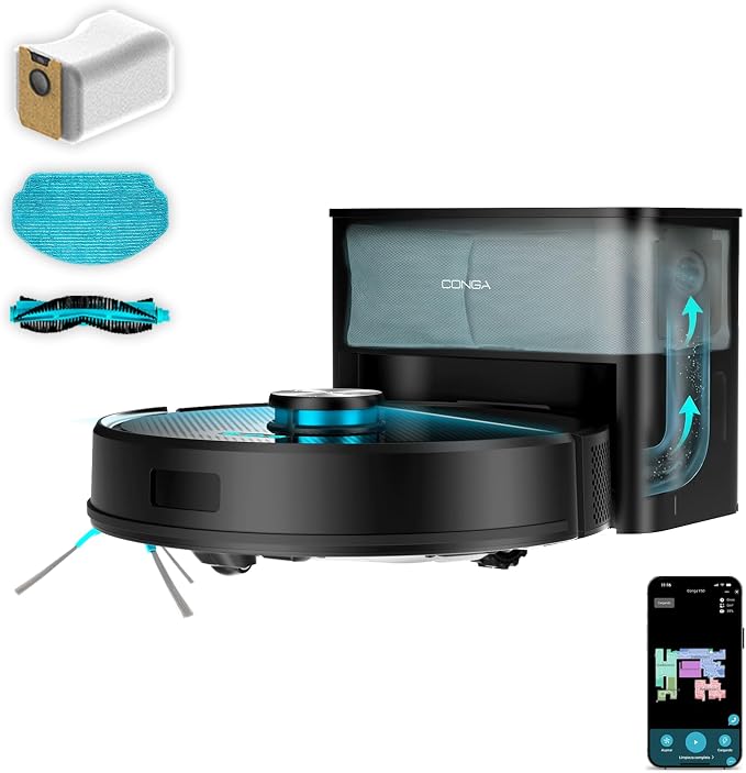 Cecotec Robot Aspirador y Friegasuelos con Base de Autovaciado Conga Y50 X-Treme Neo. Navegación Láser, Potencia de Succión 5000Pa, Base con Depósito 3L, Cepillo Multifunción, App