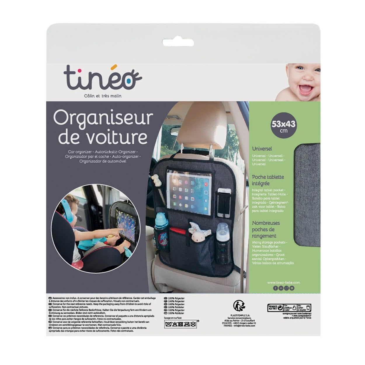 TINÉO Organisateur Voiture Bébé – 6 Poches Dont Tablette – Installation Universelle 53x43 Cm