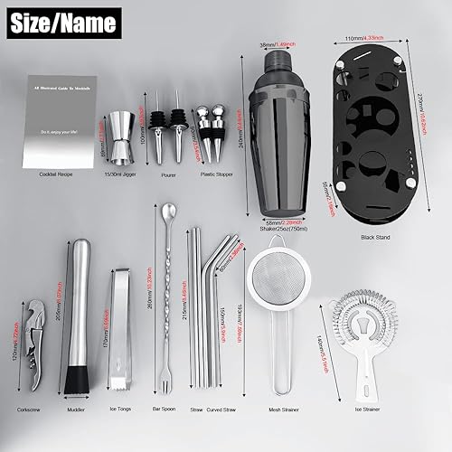 Miniatura 6 de Juego de coctelera con soporte, juego de herramientas de barra de 16 piezas, juego de mezclador de bebidas, incluye coctelera, jigger, colador,