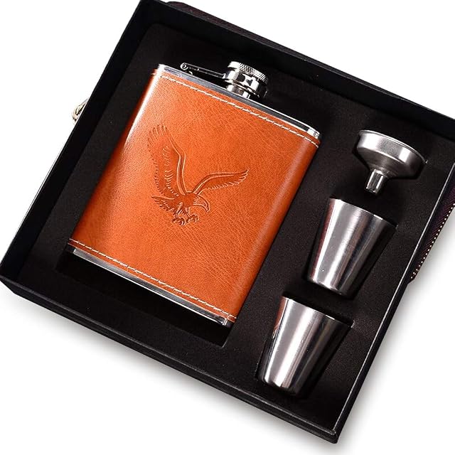 Hip Flask Leather Wrapped Stainless Steel 7oz Perfect for Men Gifts Birthday Anniversary (Brown)