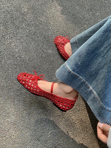 Women's Woven Bow Ballet Flats Fishnet Ballerina Flats Wide Width Mesh Mary Jane4
