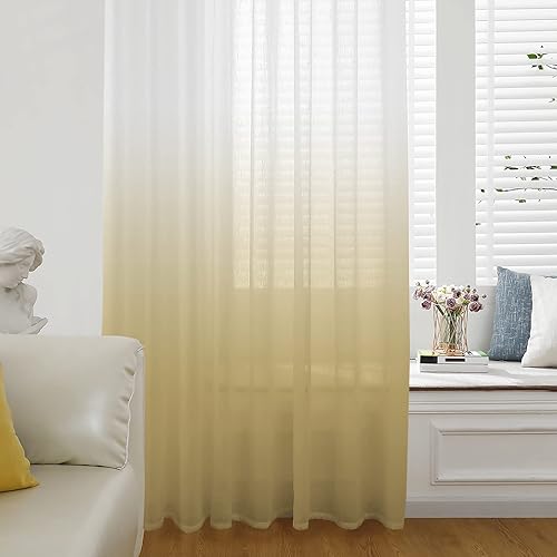 Miniatura 3 de Ombre Yellow White Color Semi Sheer Curtains Drapes for Living Room, Bedroom, French Doors Window 96 Inches Long, Abstract Modern Gradient Art Rod