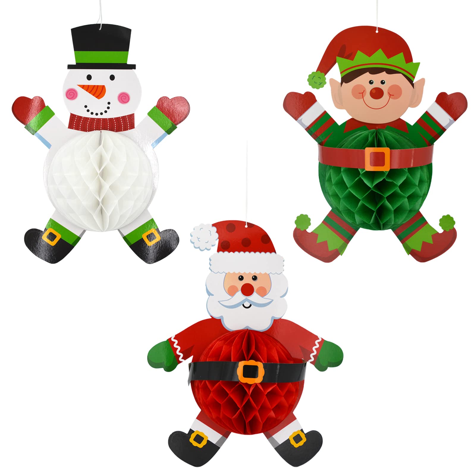 Fassory Large Honeycomb Paper Christmas Decorations, Santa Elf Snowman Christmas Ornaments Hanging Decorations Reusable (Large)