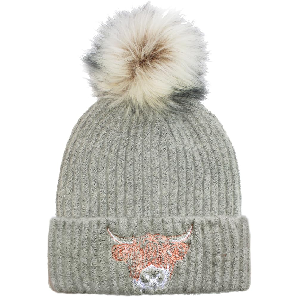 TeddyT's Women's Embroidered Highland Cow Grey Knitted Bobble Pom Pom Hat