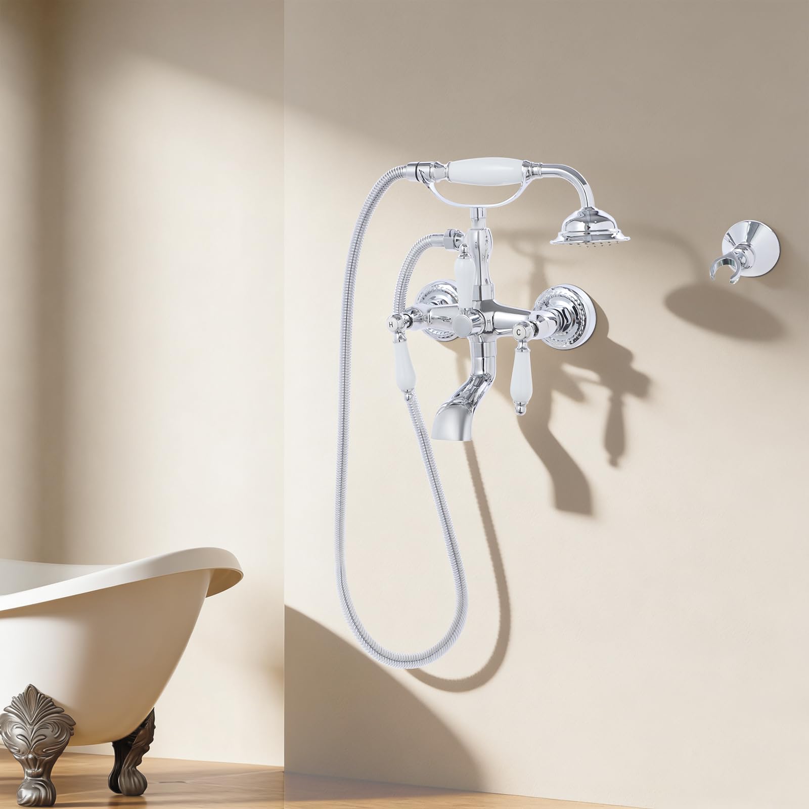 Bateria wannowa do montażu na ścianie, ze słuchawką prysznicową w stylu vintage, montaż ścienny, bateria wannowa obracana o 360°, wąż 150 cm, przyłącze G1/2, regulator ciepła/zimna, zestaw armatury