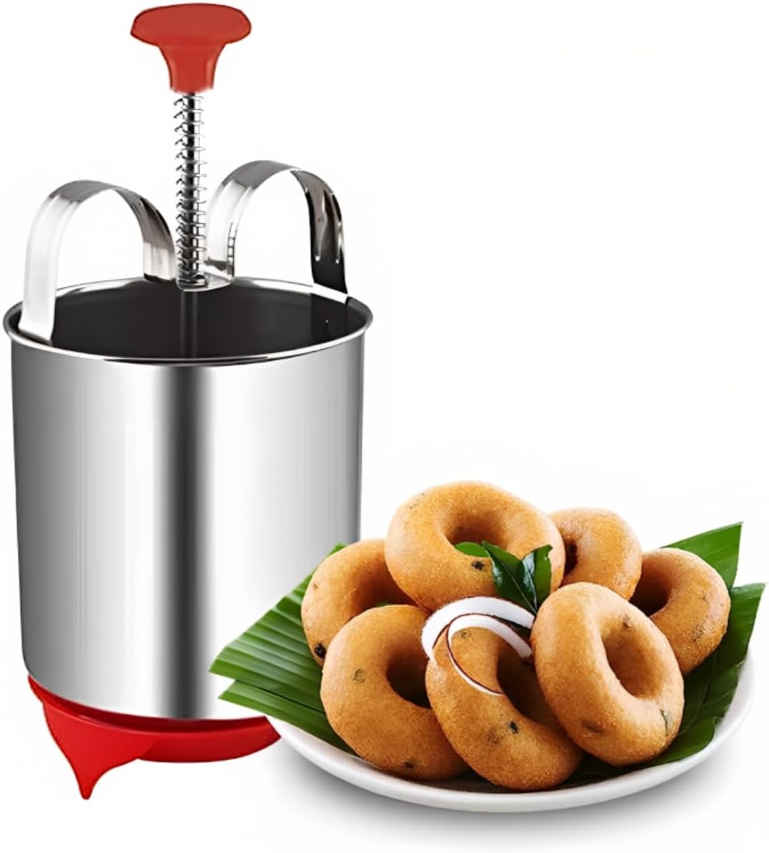 Stainless Steel Medu Vada Maker, Idli Vada Batter Dispenser with Spring Plunger, Silver and Red