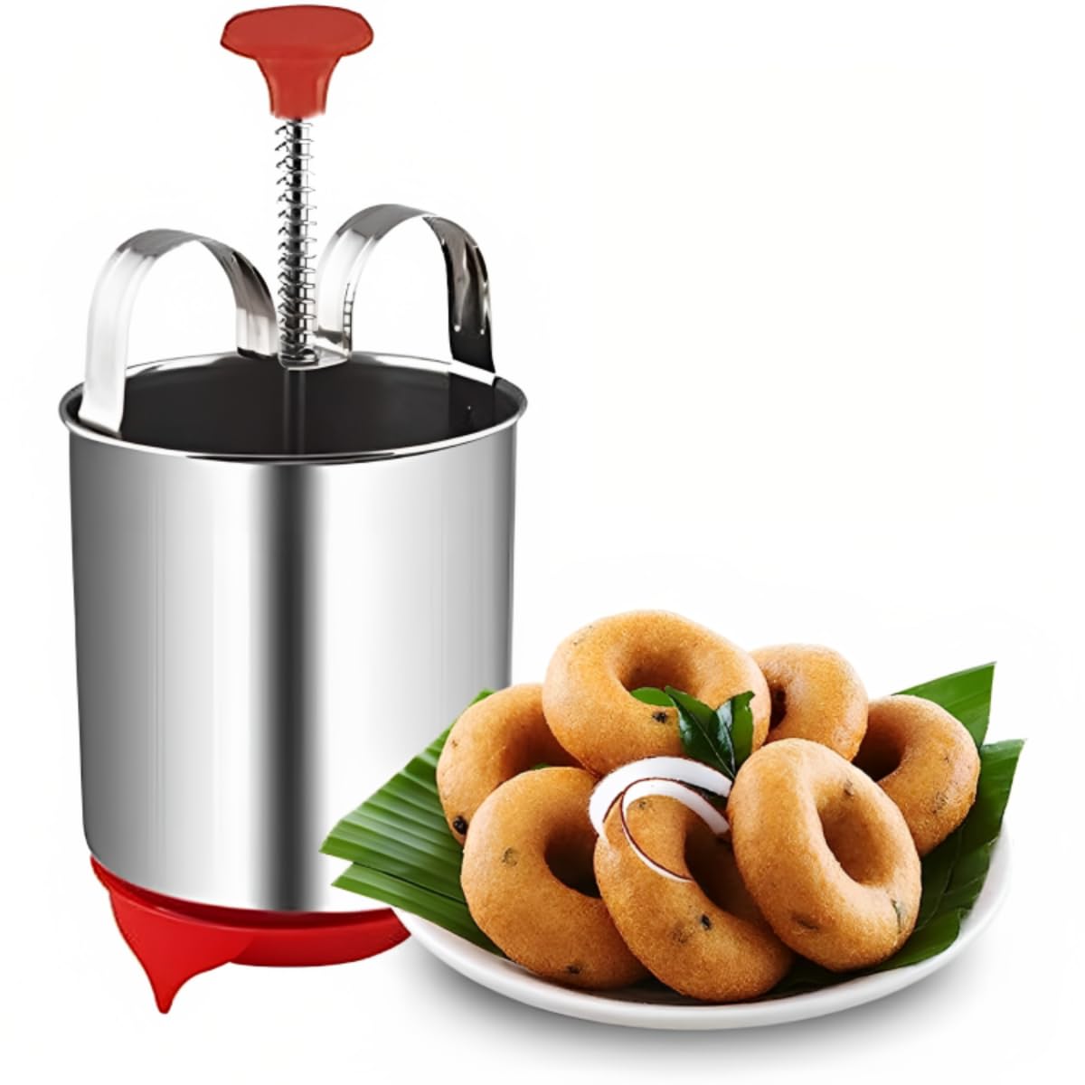 Stainless Steel Medu Vada Maker, Idli Vada Batter Dispenser with Spring Plunger, Silver and Red-image-43