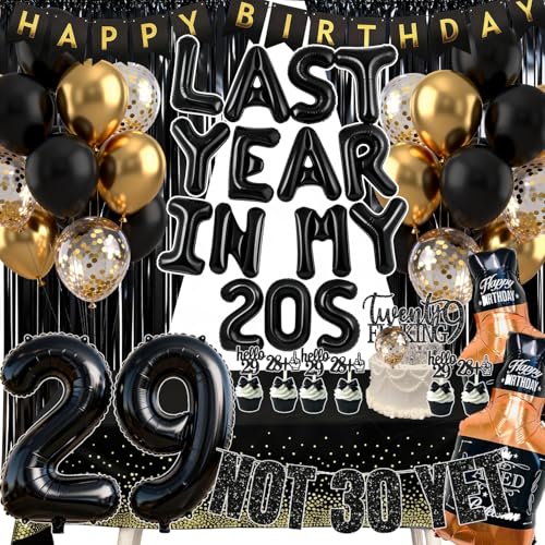 Last Year In my 20S Birthday Party Supplies for Men 29th Birthday Decorations include Balloon Banner Not 30 Yet Glitter Banner Cake Topper Cupcake Toppers Tablecloths(black and gold)
