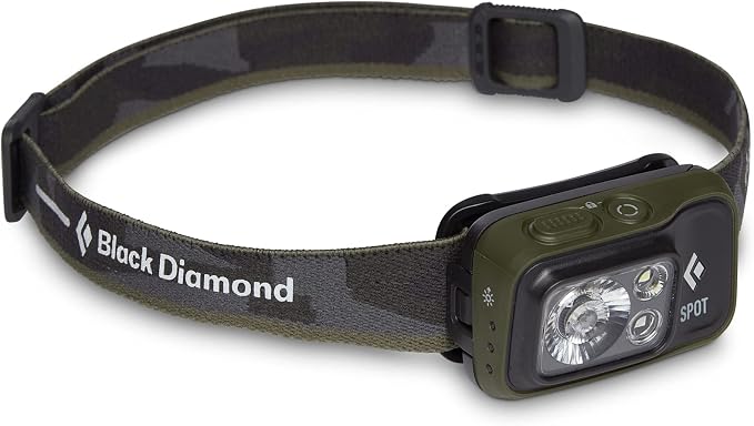 BLACK DIAMOND Spot 400 LED Headlamp, Waterproof and Dimmable Battery Powered Headlamp for Camping, Hiking, Running, Hunting, Work with Red Light Headlamp Mode, Dark Olive