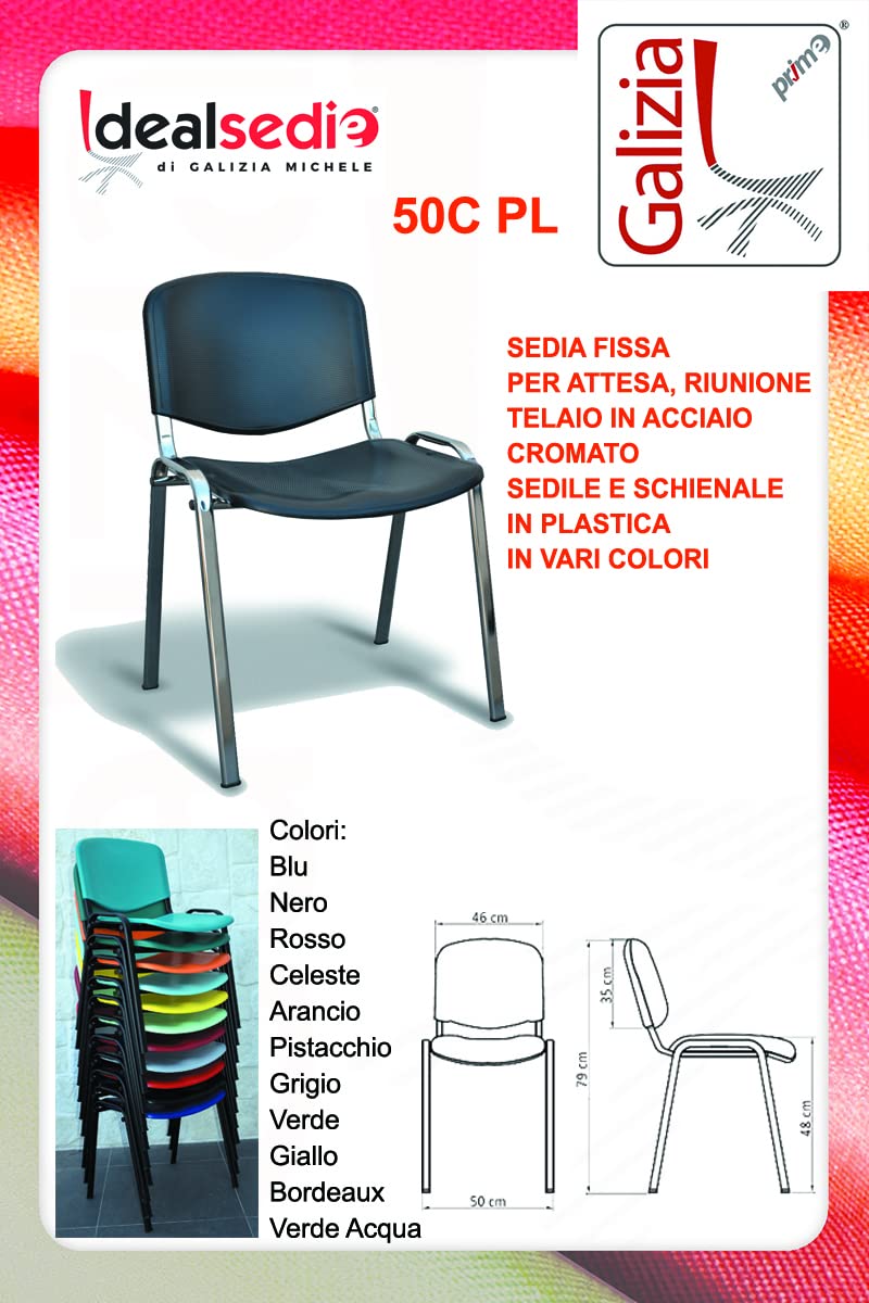 Galizia Prime sedia fissa impilabile, telaio in acciaio cromato, con sedile e schienale in plastica colorata antigraffio (Green, 1)
