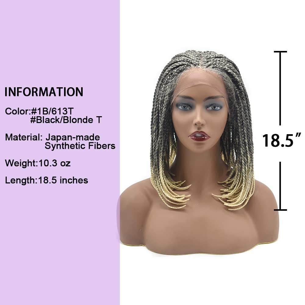 Hand Braided 16" Short Wigs For Black Women Gluless Afro Box Braided Wigs With Baby Hair Swiss Lace Front Lightweight African American Black Women Lace Braids Wigs (#1B/613T Black Blonde Ombre)