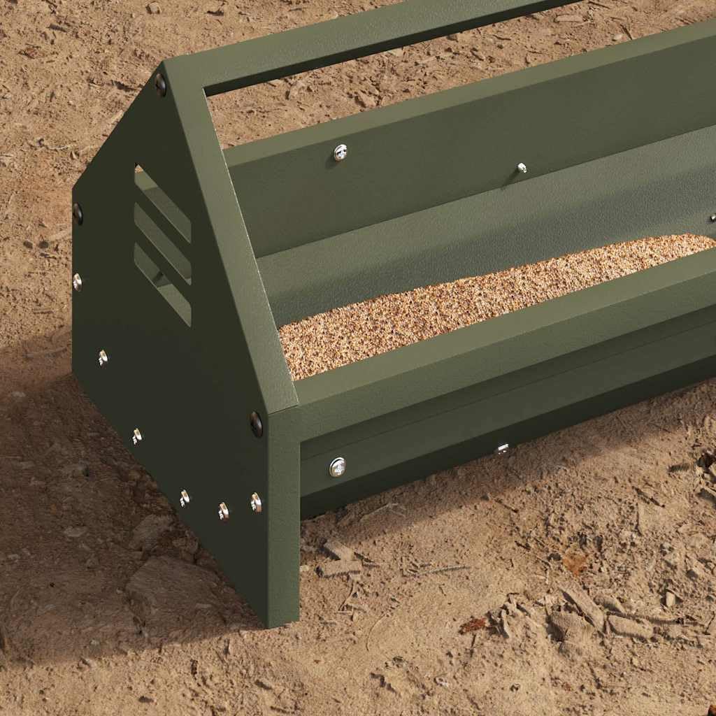 Comedero gallinas de acero verde oliva 108 x 20,5 x 20 cm, gran tamaño con barra transversal y agujeros de drenaje, para gallinero interior y exterior