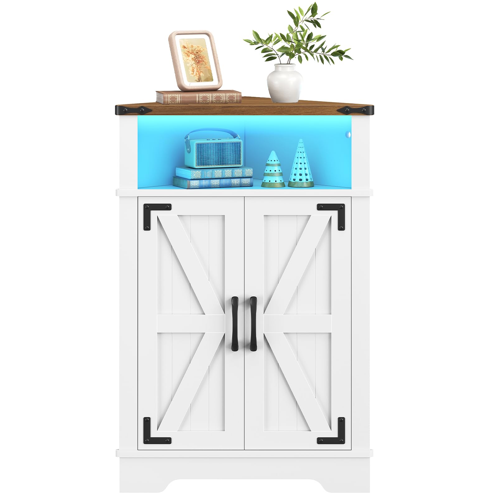 HOOBRO Eckschrank mit LED-Streifen, Küchenschrank, Aufbewahrungsschrank | Küchenschrank mit Verstellbarem Einlegeboden und Offenem Fach, Eckkommode für Wohnzimmer, Bad, Weiß und Walnuss EWH119DCJ01