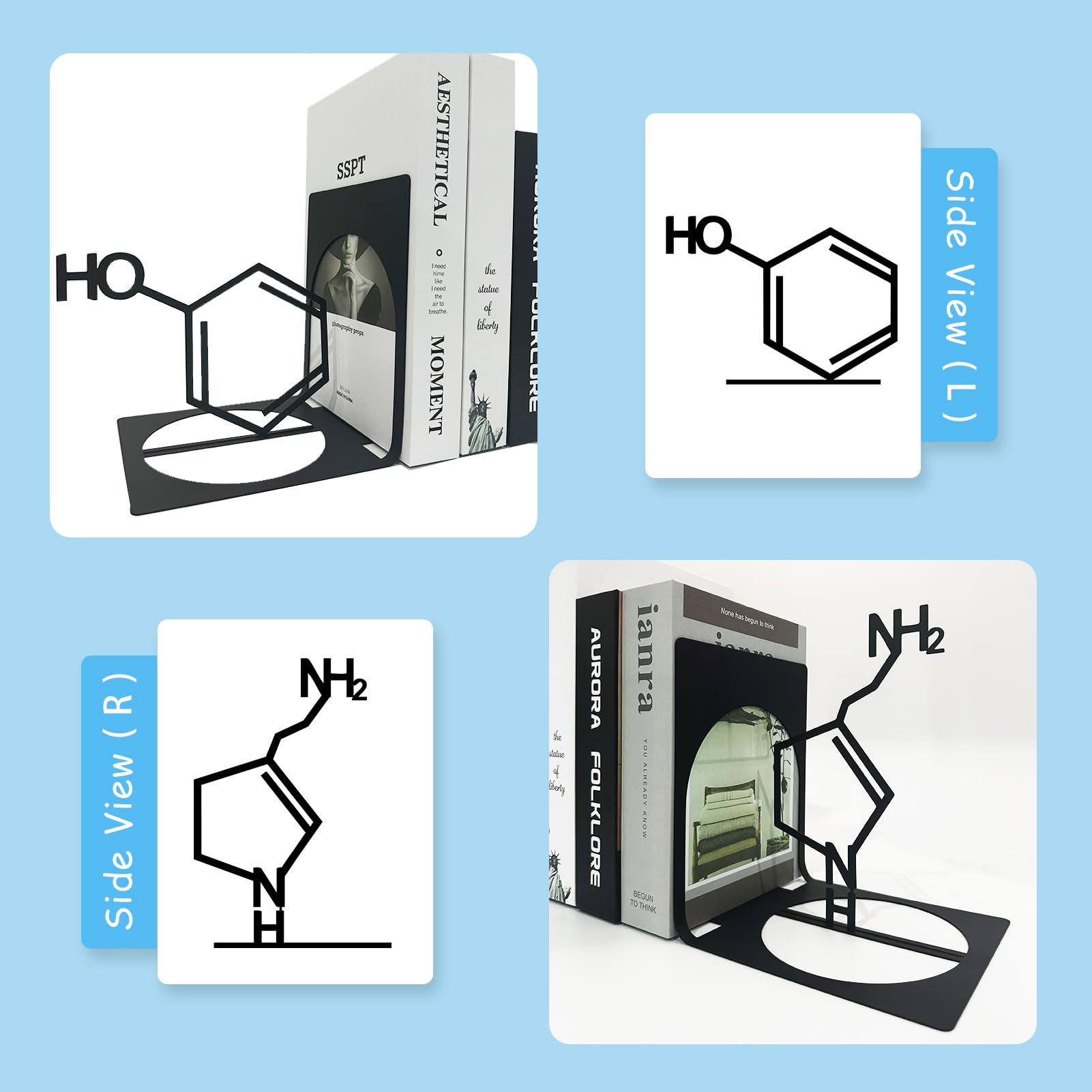 Chemie-Metall-Buchstützen, Serotonin-Buchstützen, Serotonin-Metalldekoration, wissenschaftliche Thema-Buchstützen, Buch-Organizer für Schreibtisch, Heimbüro, Buchhalter, Chemie-Geschenke