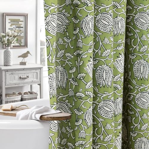 MUGINYU Sage Green Floral Shower Curtain Vintage Block Print - 72x72 Inches,Cotton Blend Cloth Fabric Farmhouse Decorative French Country Bathroom Decor, Cottagecore Aesthetic Pattern