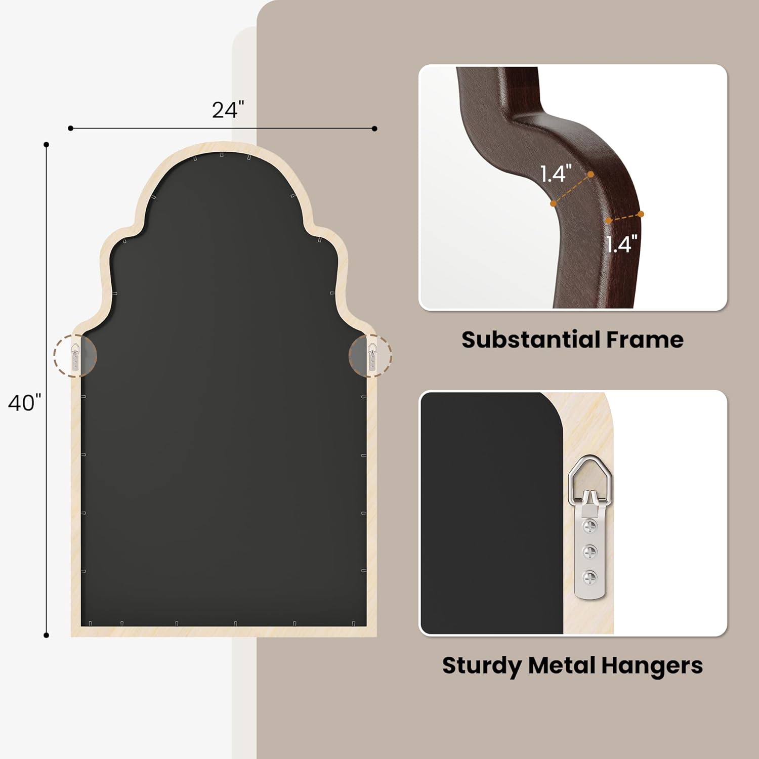 40"x24" Walnut Arched Mirror, Solid Wood Frame for Vanity, Mid Century Modern Decor for Living Room & Bedroom, Rustic Dark Brown Wooden Mirror for Wall, Boho Style