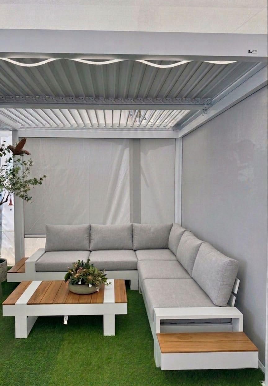 XONE Set da giardino angolare Malibù in alluminio bianco e teak | Salotto da giardino moderno per esterni eleganti | Salotto outdoor con divani e tavolino per terrazzo veranda e giardino