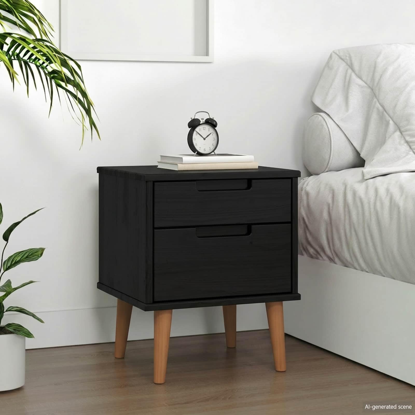 Table de chevet noire en pin massif noble, meuble de nuit haut de gamme double tiroir
