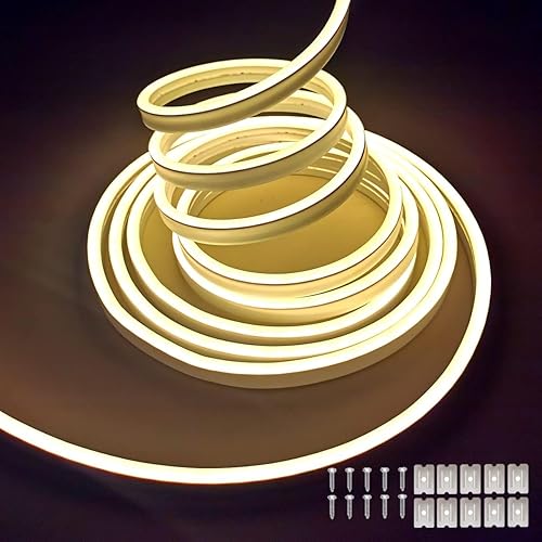 Miniatura 11 de Tira de luces LED de neón blanca, tira de luces de 16.4 pies/5m, tira de luces flexible impermeable de 12V para decoración de interiores y