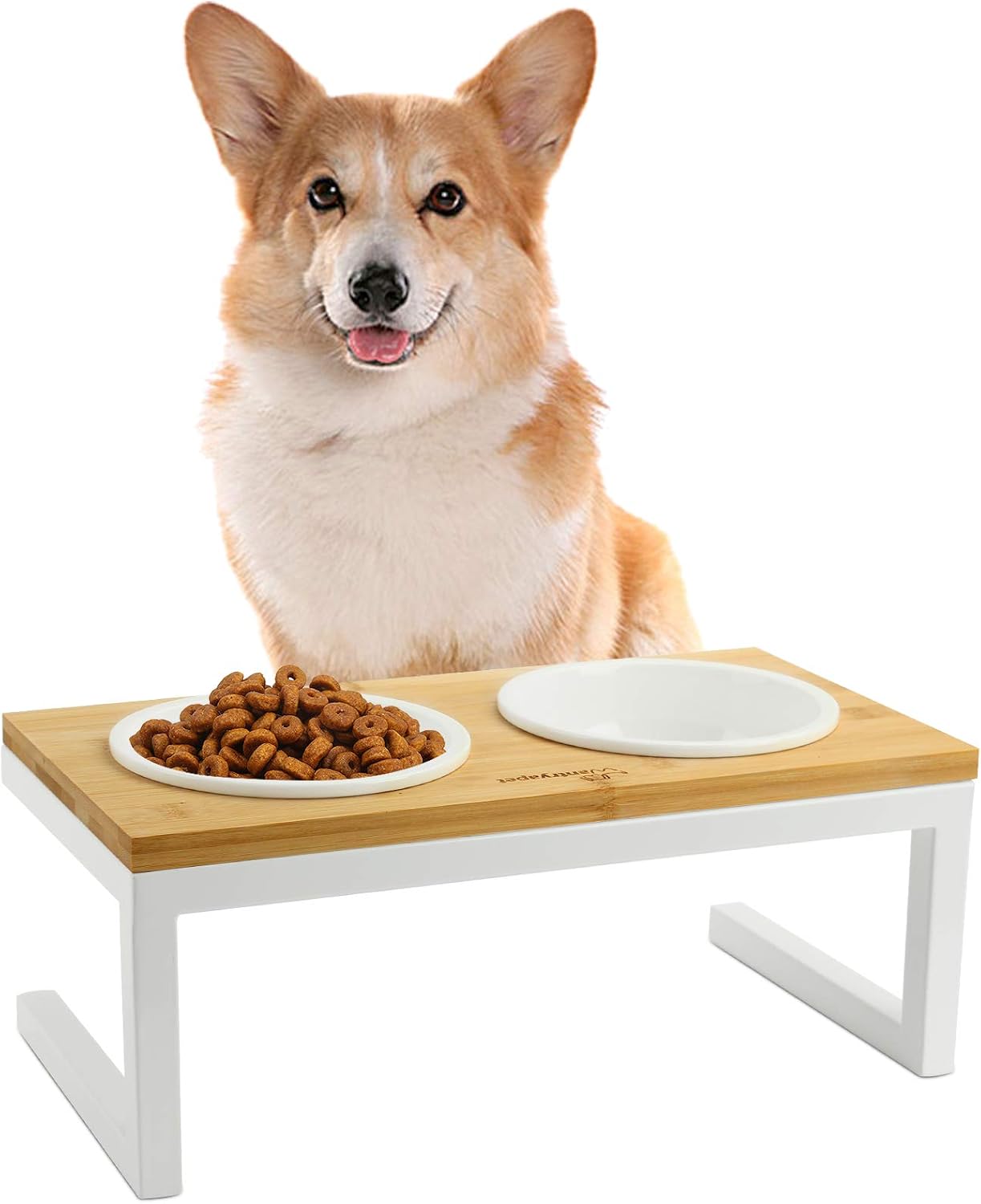 Premium Elevated Pet Bowl Feeder for Dog Bamboo Rasied Pet Bowls 2 Ceramic Bowls with Stong Stainless Steel Frame White
