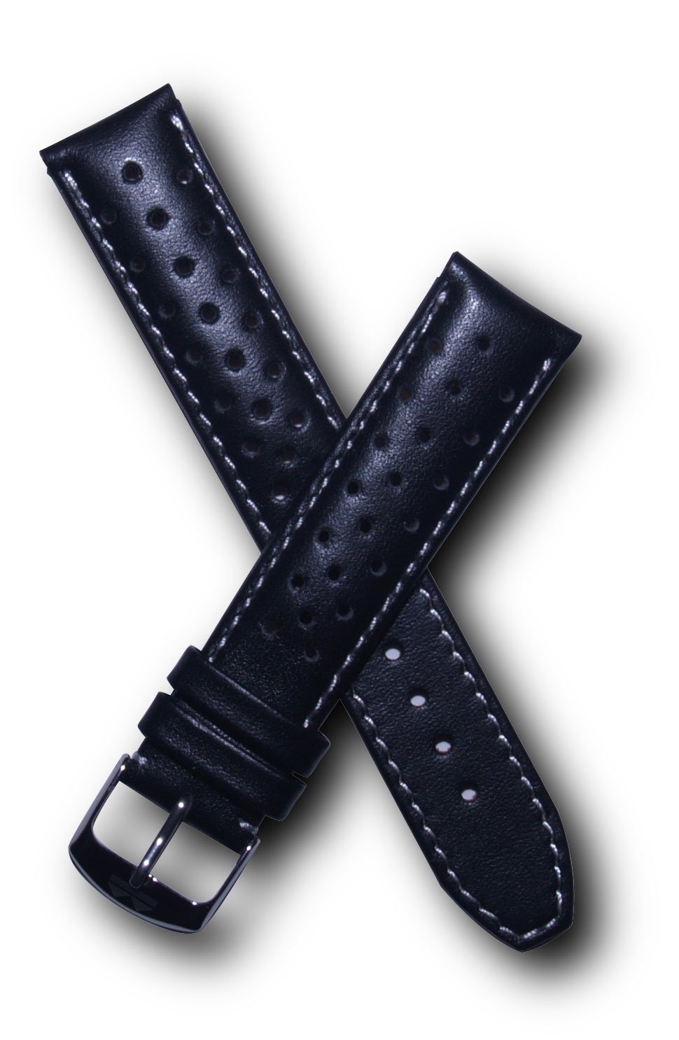 Watch Strap WorldS And W 19mm Black Sports Perforated Genuine Leather Pin Buckle Watchband with White Stitching - Heuer Carrera Style (Spring bars included)