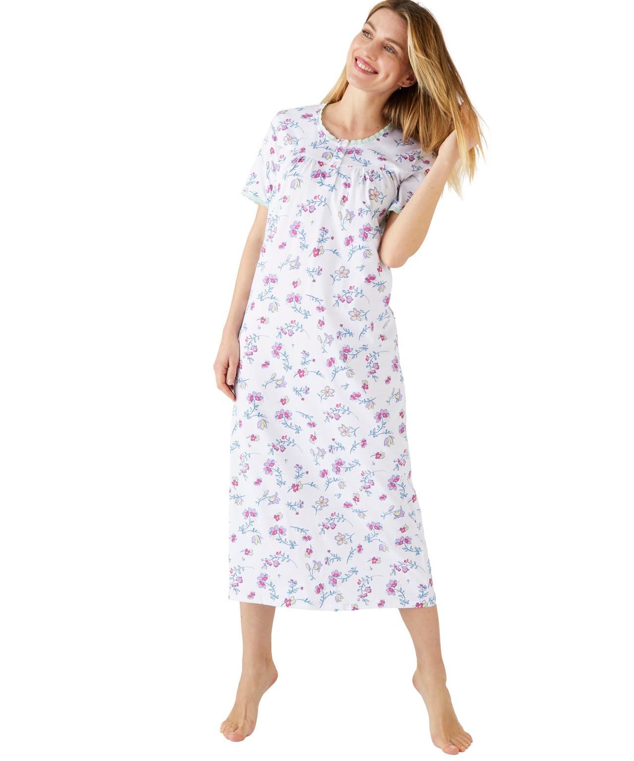 Damart Women's White Flower Floral Cotton Jersey Nightdress