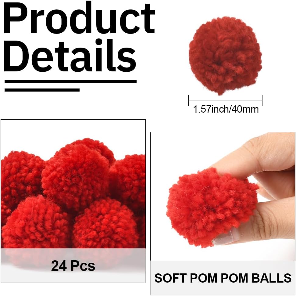 SUNNYCLUE 24Pcs Red Pompom Balls Wool Pompom Balls 1.5 Inch Fluffy Soft Fuzzy Holiday Hanging Decors Round Mini Puff Pom Pom Decorations for DIY Home Craft Making Handmade Accessories Christmas Party
