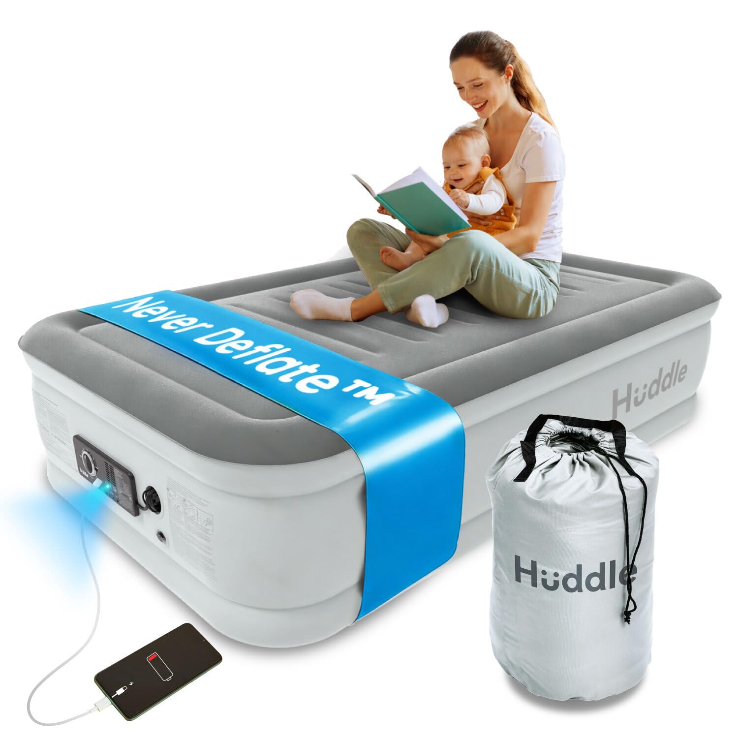 Huddle Never Deflate™ Luxus-Einzel-Luftbett, preisgekrönter Good Housekeeping 2025 Gewinner, Dual Pump SlumberGuard™ Technik, verstellbare Festigkeit, integrierte Pumpe & USB-Nachtlicht