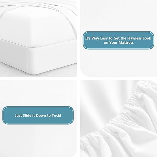 Miniatura 6 de Juego de sábanas de 4 piezas, tamaño individual extra largo, color blanco, liso, 100% algodón egipcio, sábanas refrescantes de 600 hilos, bolsillo