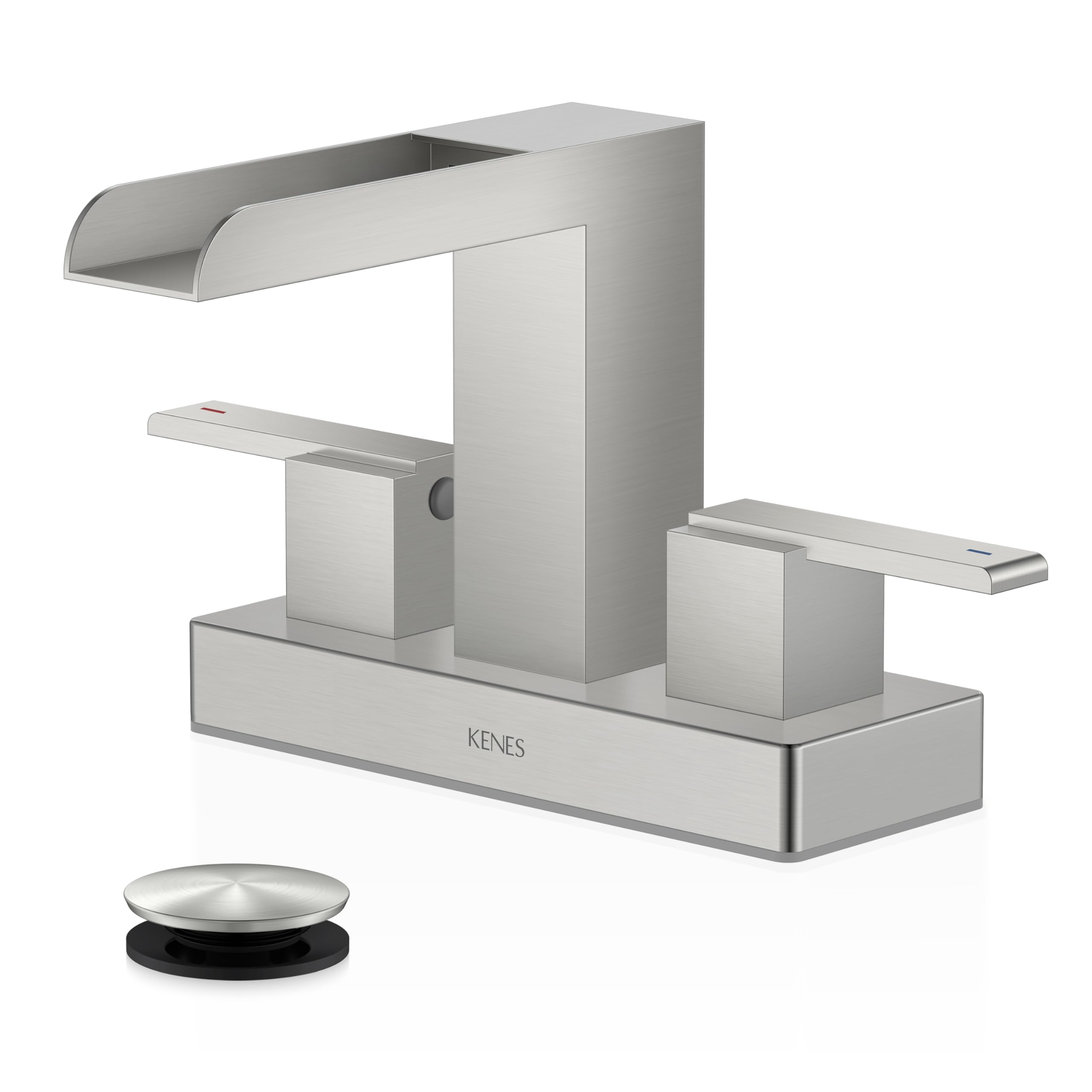 KENES Brushed Nickel Waterfall Bathroom Faucet, Two Handle Centerset Bathroom Sink Faucet, Modern Vanity Faucet 3 Hole Bathroom Lavatory Faucet with Pop Up Drain & Supply Lines, KE-9053-P