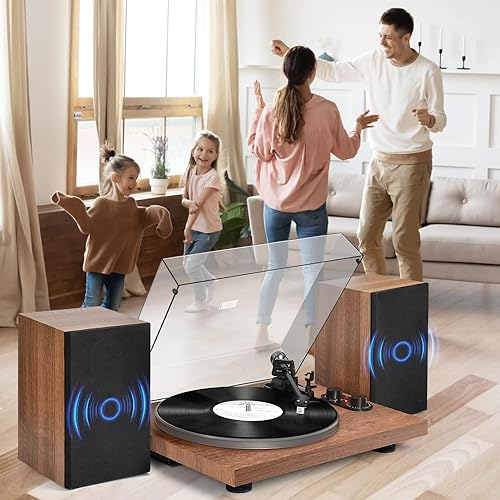 Miniatura 7 de Tocadiscos con altavoces de 40 W y entrada de salida Bluetooth para discos de vinilo, reproductor de discos de vinilo con preamplificador integrado,