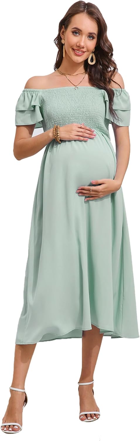 KOJOOIN Womens Maternity Flutter Short Sleeve Square Neck Summer Casual Dress Smocked Boho Maxi Dress Photoshoot Baby Shower